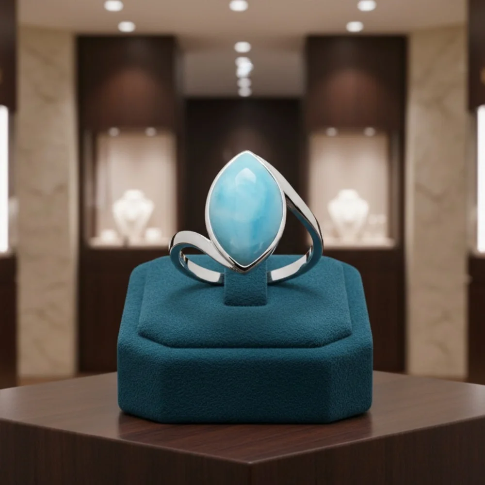 Womens Sterling Silver .925 Larimar Marquise‎ Design Ring Natural Stone